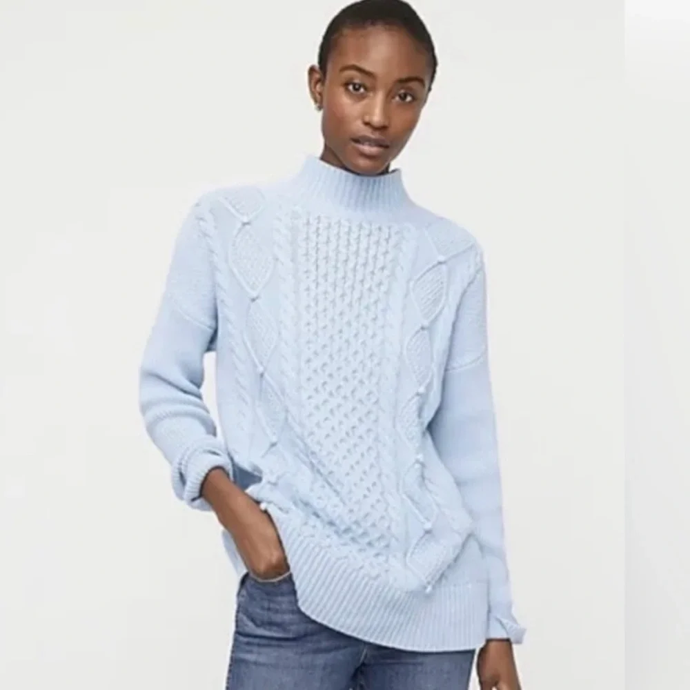 J.Crew Swingy Cable-knit Mockneck Sweater Light Blue Size Medium